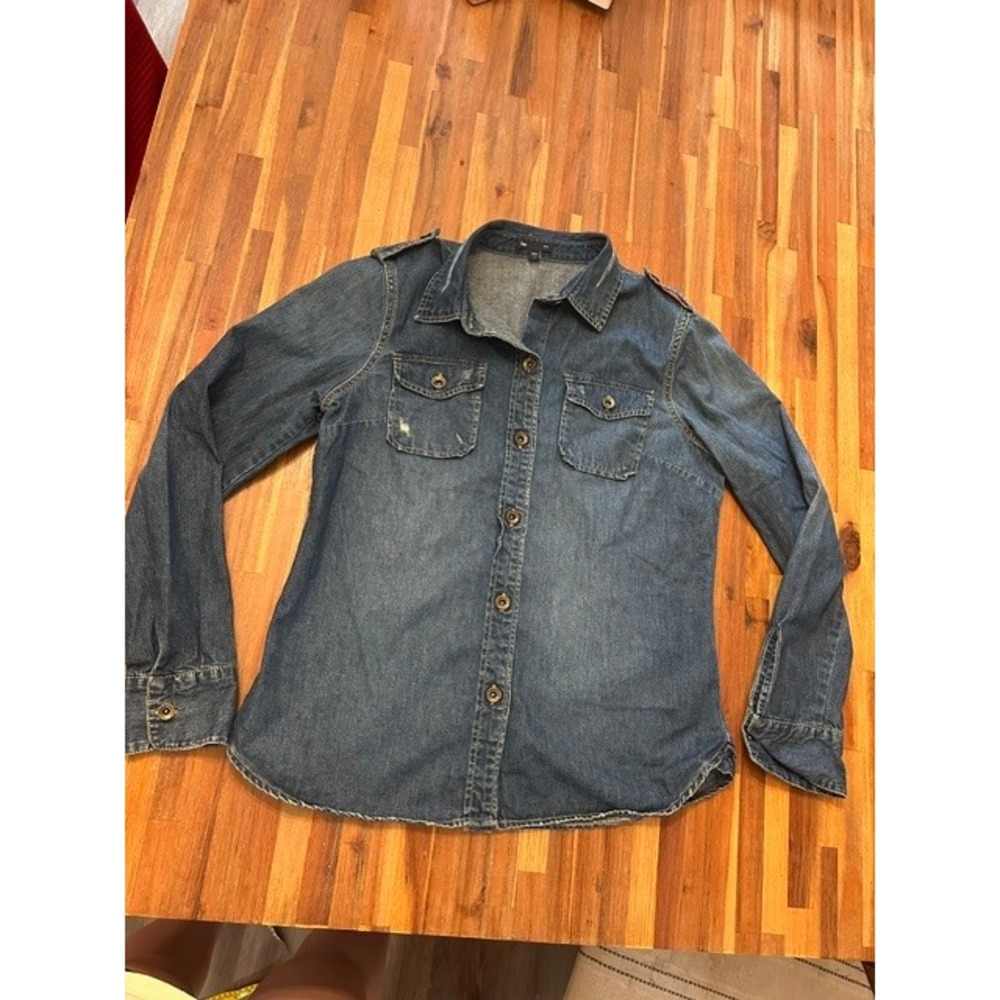 Gap Womens Denim Button Down Shirt Medium Wash Utility Epaulette Blue Large
